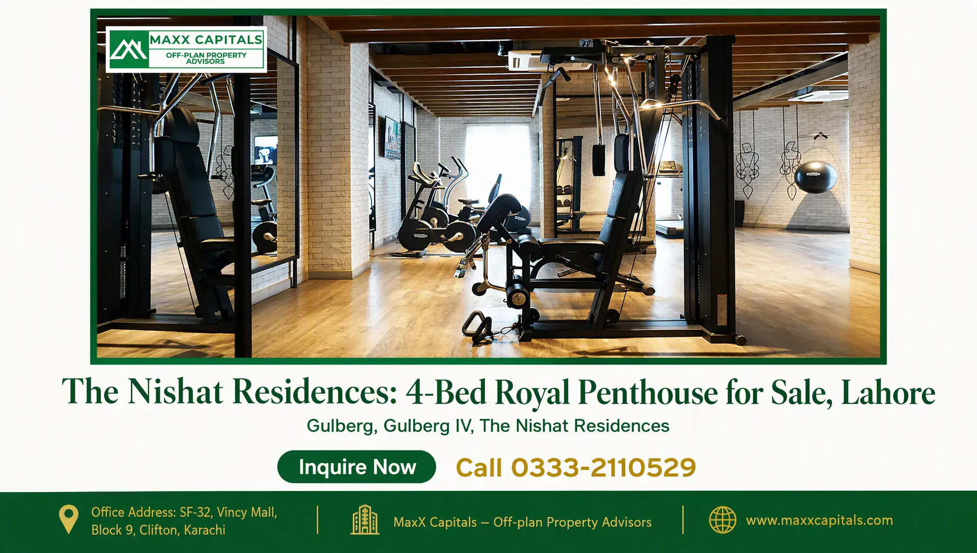The Nishat Residences: 4-Bed Royal Penthouse for Sale, Lahore — Gallery 8 Luxury gym at The Nishat Residences with cable machines, stationary bikes, exposed brick walls, wooden flooring and high ceil
