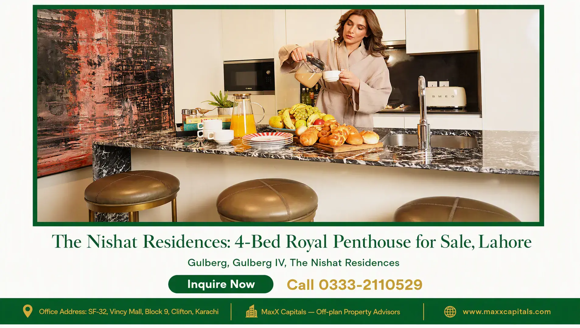 The Nishat Residences: 4-Bed Royal Penthouse for Sale, Lahore — Gallery 9 Luxury kitchen with marble island, stools and premium finishes in 4-Bed Royal Penthouse for Sale at Nishat Residences