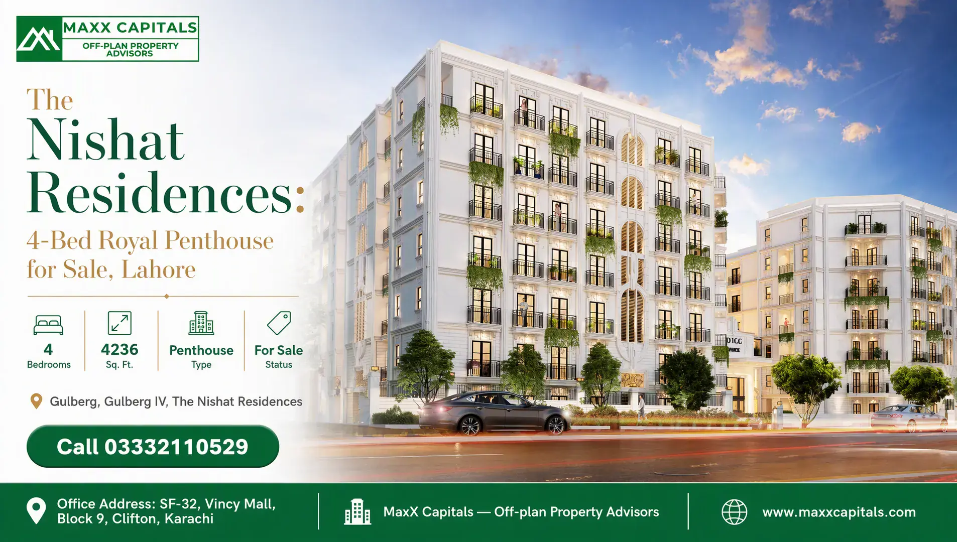 The Nishat Residences: 4-Bed Royal Penthouse for Sale, Lahore — Feature The Nishat Residences white facade with arched balconies, vertical detailing and evening lighting in Gulberg Lahore