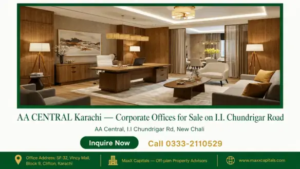 AA CENTRAL Karachi corporate office interior with wooden furniture and warm lighting.