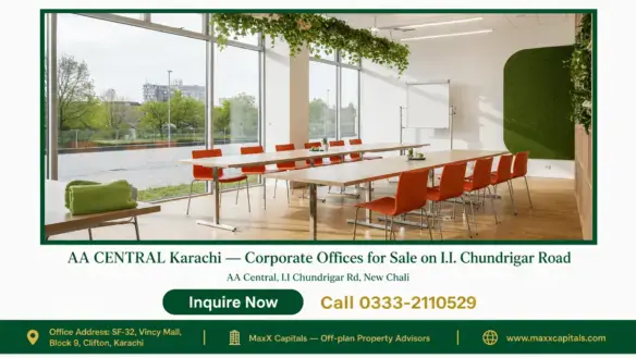 Modern office space at AA CENTRAL Karachi with large windows, wooden desks, and orange chairs.