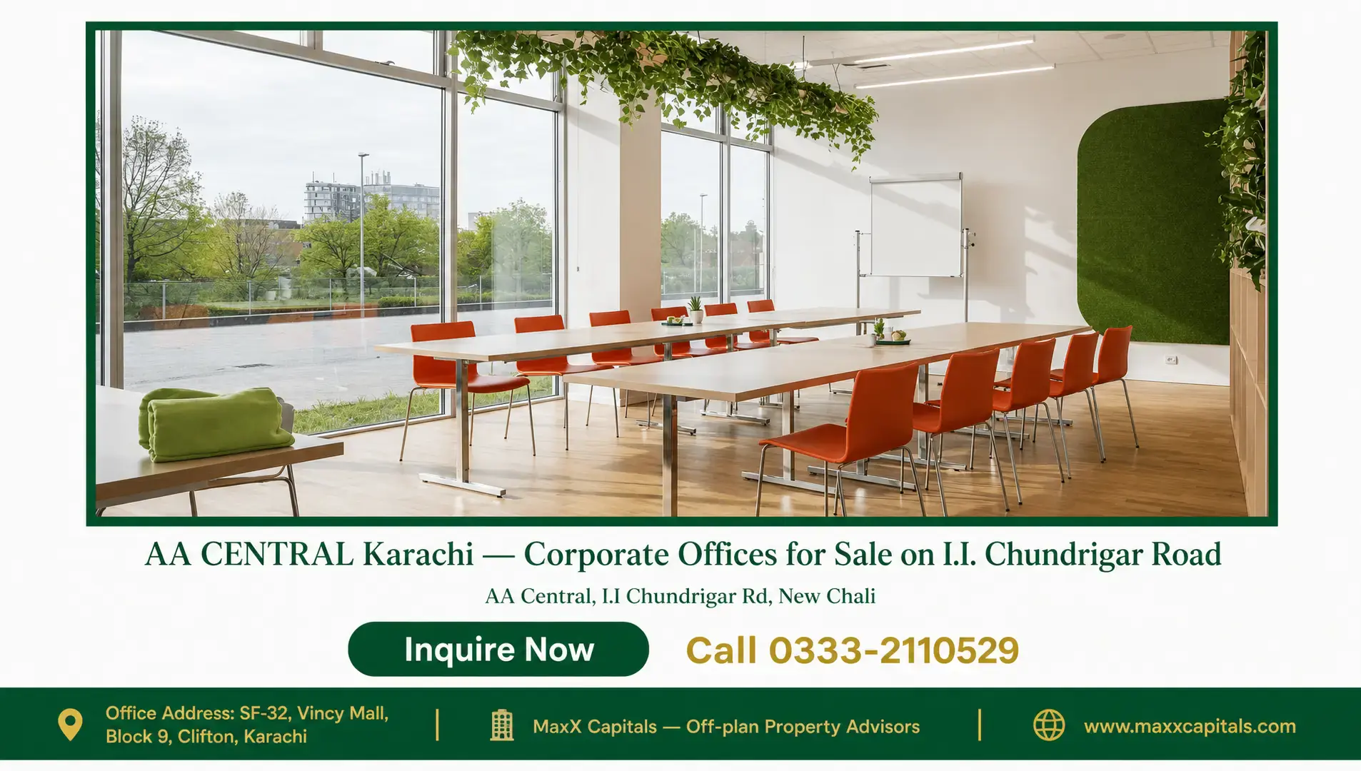 AA CENTRAL Karachi — Corporate Offices for Sale on I.I. Chundrigar Road — Gallery 2 Modern office space at AA CENTRAL Karachi with large windows, wooden desks, and orange chairs.