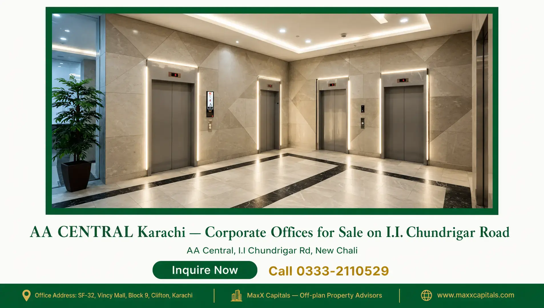 AA CENTRAL Karachi — Corporate Offices for Sale on I.I. Chundrigar Road — Gallery 3 Luxurious corporate offices in AA CENTRAL Karachi, featuring sleek elevators and marble floors.