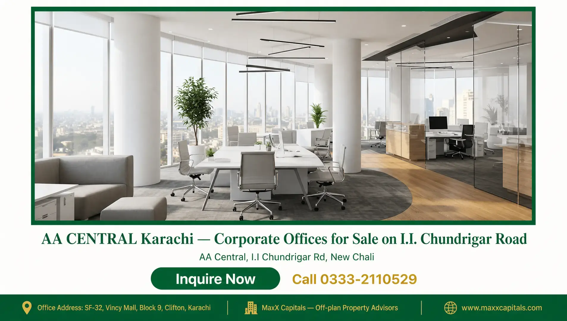 AA CENTRAL Karachi — Corporate Offices for Sale on I.I. Chundrigar Road — Gallery 4 Modern office space with glass walls and panoramic city views at AA CENTRAL Karachi.