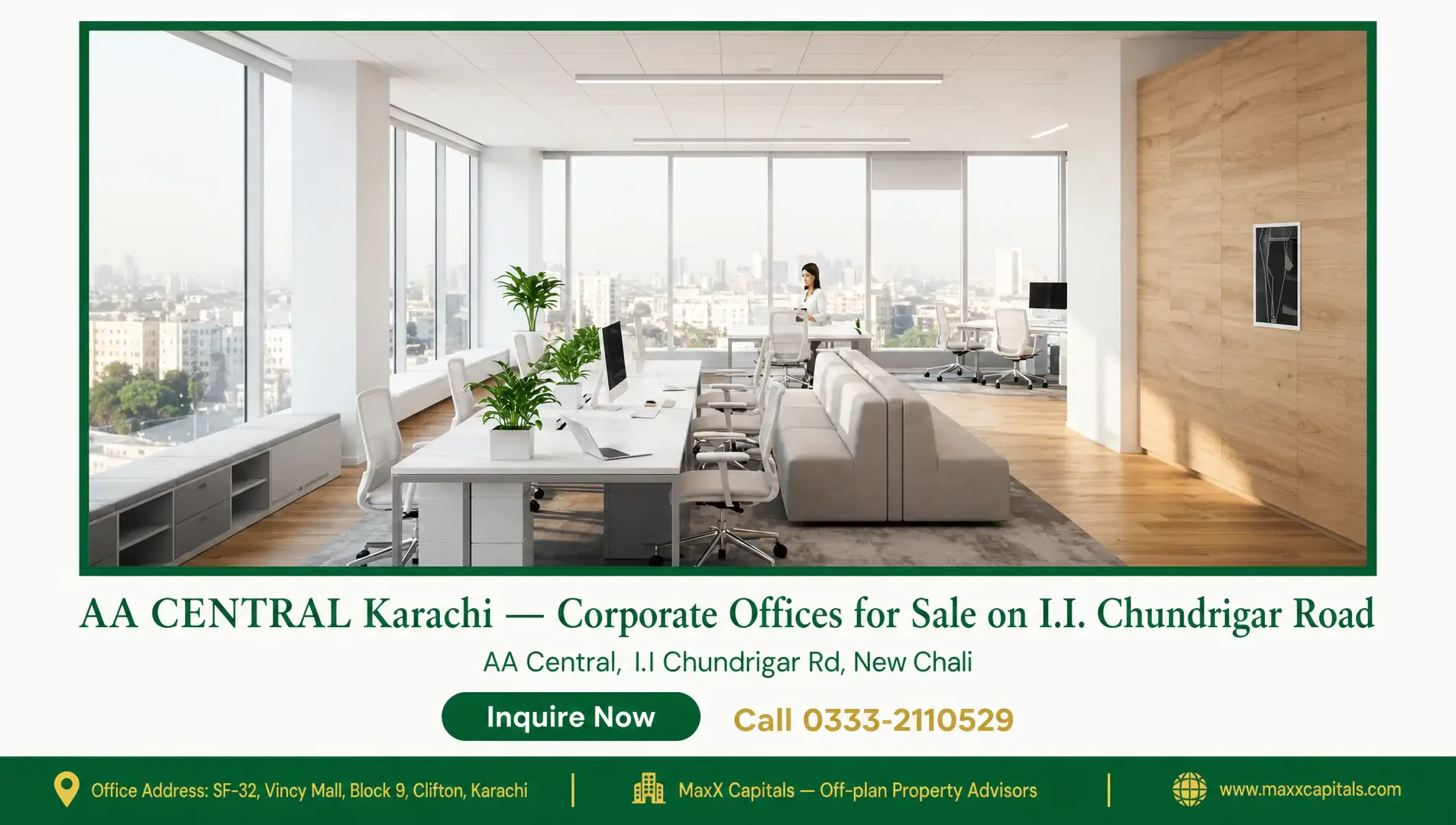 AA CENTRAL Karachi — Corporate Offices for Sale on I.I. Chundrigar Road — Gallery 5 Modern office space with large windows and premium finishes at AA CENTRAL Karachi.