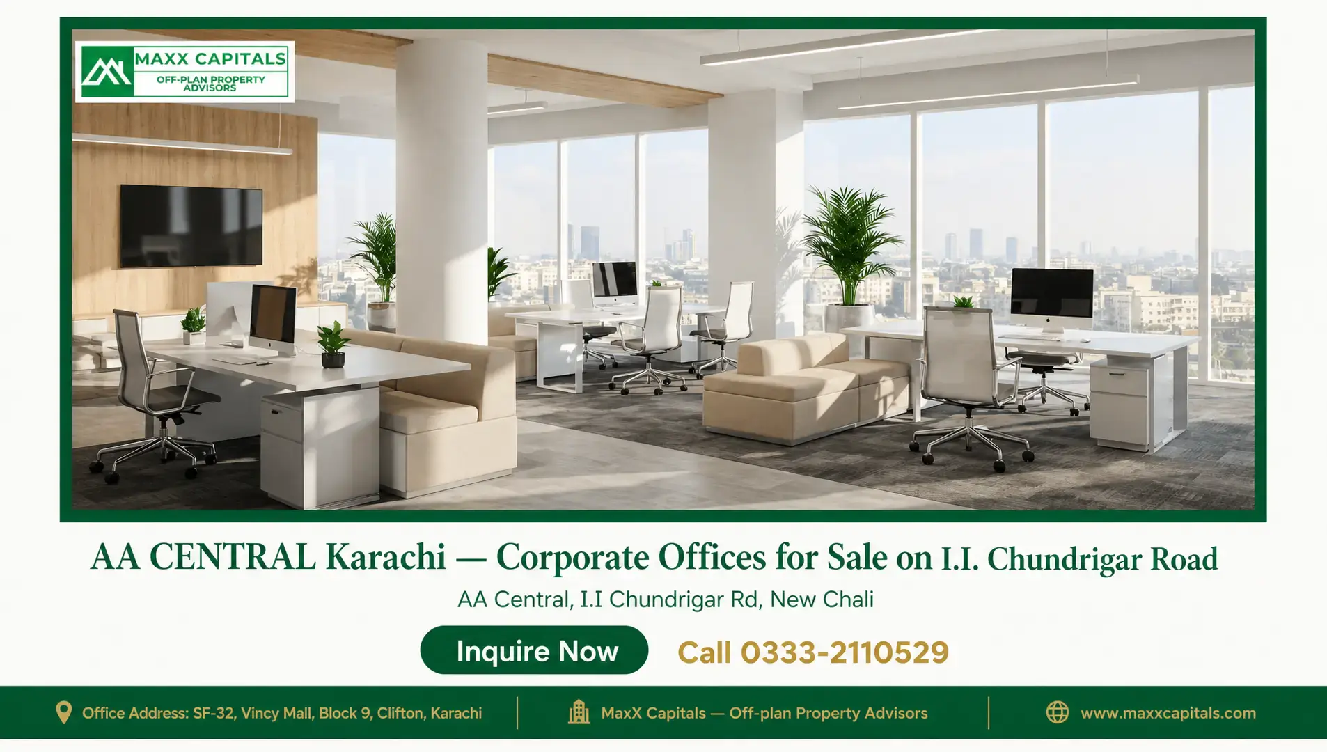 AA CENTRAL Karachi — Corporate Offices for Sale on I.I. Chundrigar Road — Gallery 6 Interior view of modern office space with desks, chairs, and large windows at AA CENTRAL Karachi.
