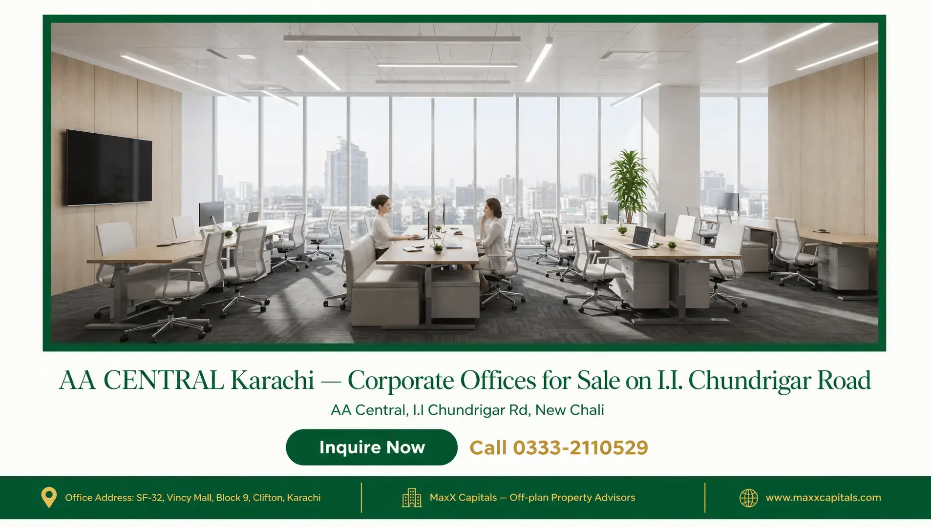 AA CENTRAL Karachi — Corporate Offices for Sale on I.I. Chundrigar Road — Gallery 7 Modern office space in AA CENTRAL Karachi with glass windows and sleek furniture.