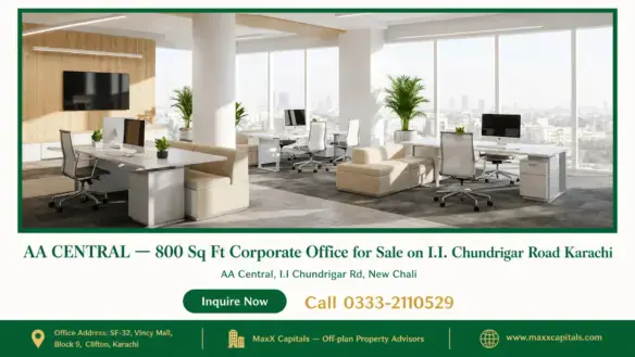Modern office space with large windows and contemporary furniture setup, 800 sq ft office for sale in Karachi.