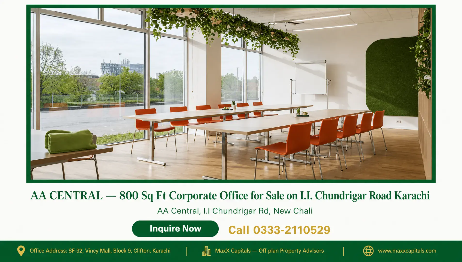 AA CENTRAL — 800 Sq Ft Corporate Office for Sale on I.I. Chundrigar Road Karachi — Gallery 2 Modern office space with large windows and orange chairs, 800 sq ft office for sale in Karachi.