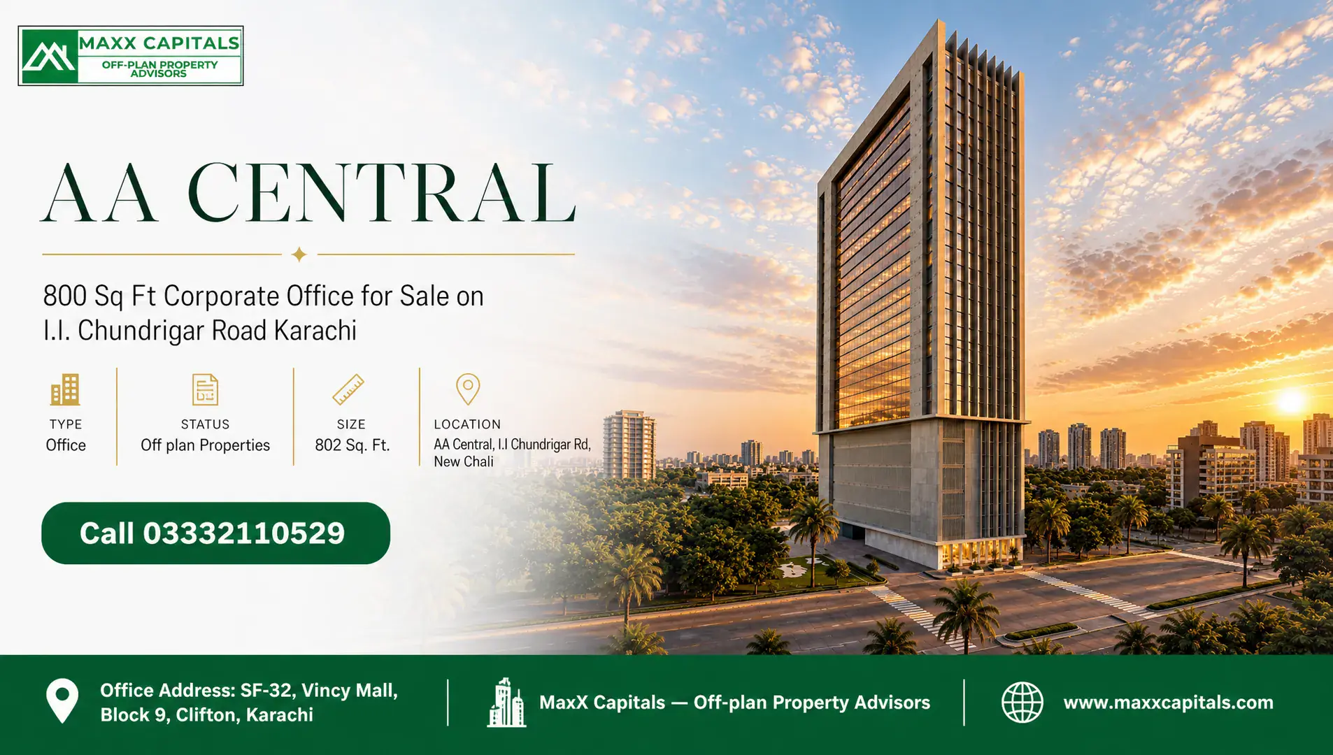 AA CENTRAL — 800 Sq Ft Corporate Office for Sale on I.I. Chundrigar Road Karachi — Feature Sleek 800 sq ft corporate office for sale in Karachi, featuring modern architecture and cityscape view.