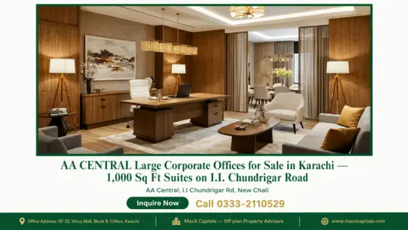Luxury office suite with modern decor, hardwood floors, and ample natural light in Karachi.