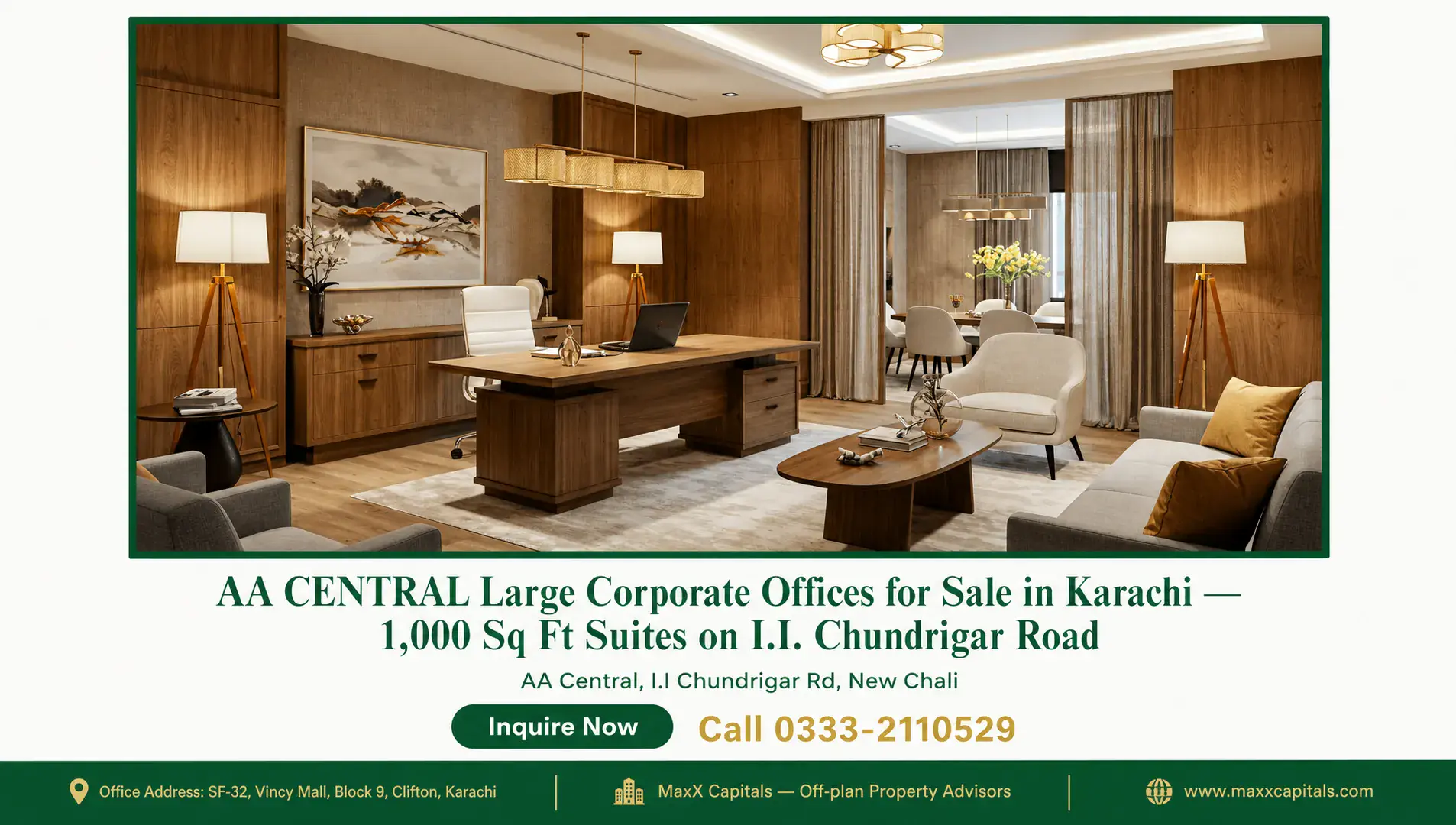 AA CENTRAL Large Corporate Offices for Sale in Karachi — 1,000 Sq Ft Suites on I.I. Chundrigar Road — Gallery 1 Luxury office suite with modern decor, hardwood floors, and ample natural light in Karachi.