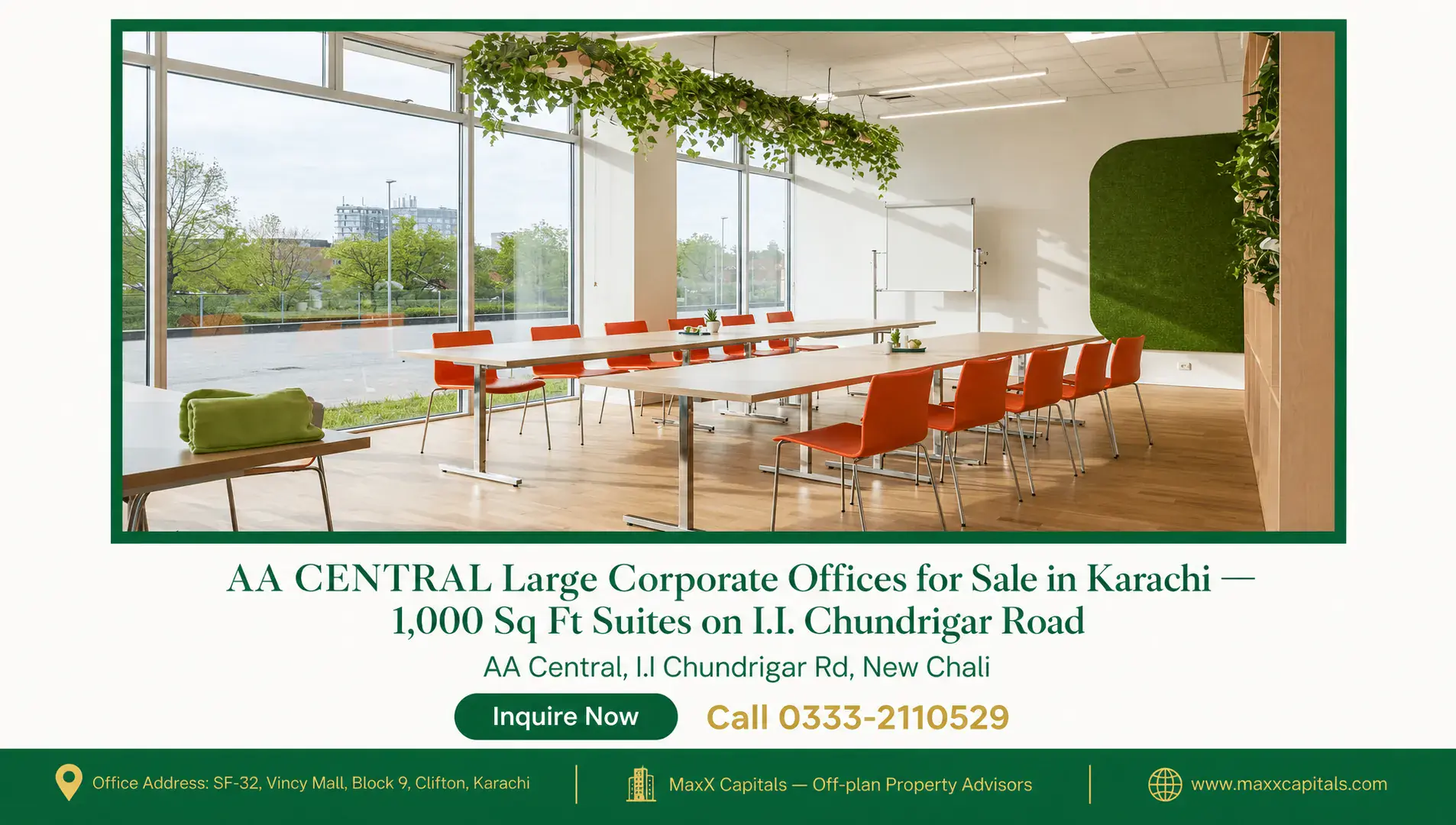 AA CENTRAL Large Corporate Offices for Sale in Karachi — 1,000 Sq Ft Suites on I.I. Chundrigar Road — Gallery 2 Modern office interior with large windows, natural light, and stylish furniture setup.