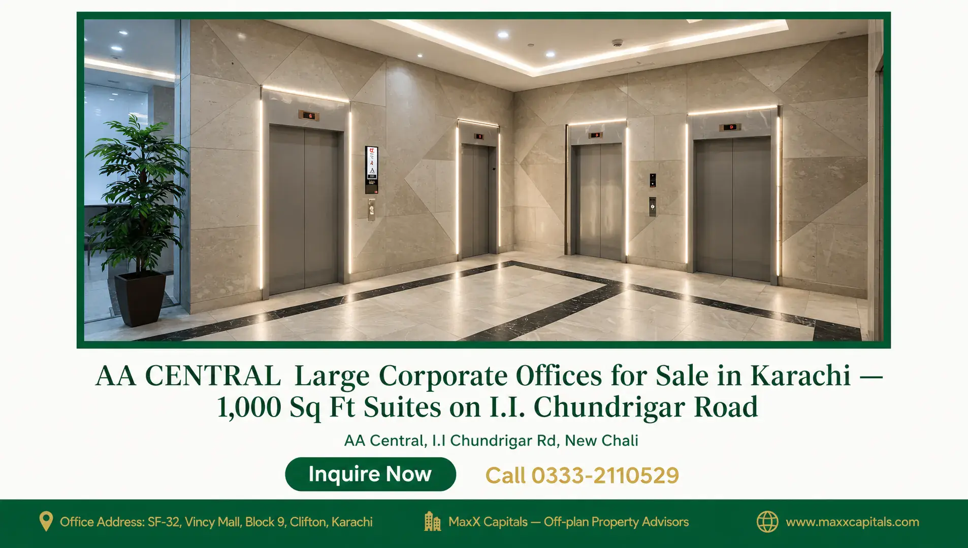 AA CENTRAL Large Corporate Offices for Sale in Karachi — 1,000 Sq Ft Suites on I.I. Chundrigar Road — Gallery 3 Elegantly lit lobby with premium materials and elevators, offering 1000 sq ft offices for sale.