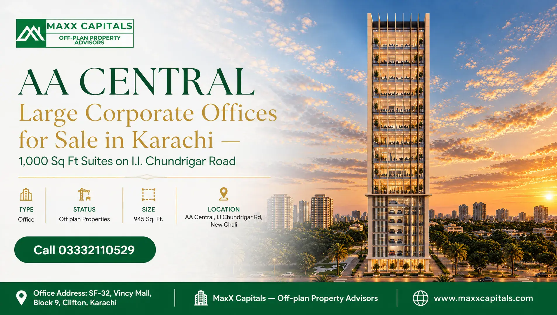 AA CENTRAL Large Corporate Offices for Sale in Karachi — 1,000 Sq Ft Suites on I.I. Chundrigar Road — Feature Modern high-rise office building with glass facade in urban setting.