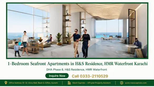 Seafront apartment interior with modern decor, large windows, and ocean view.