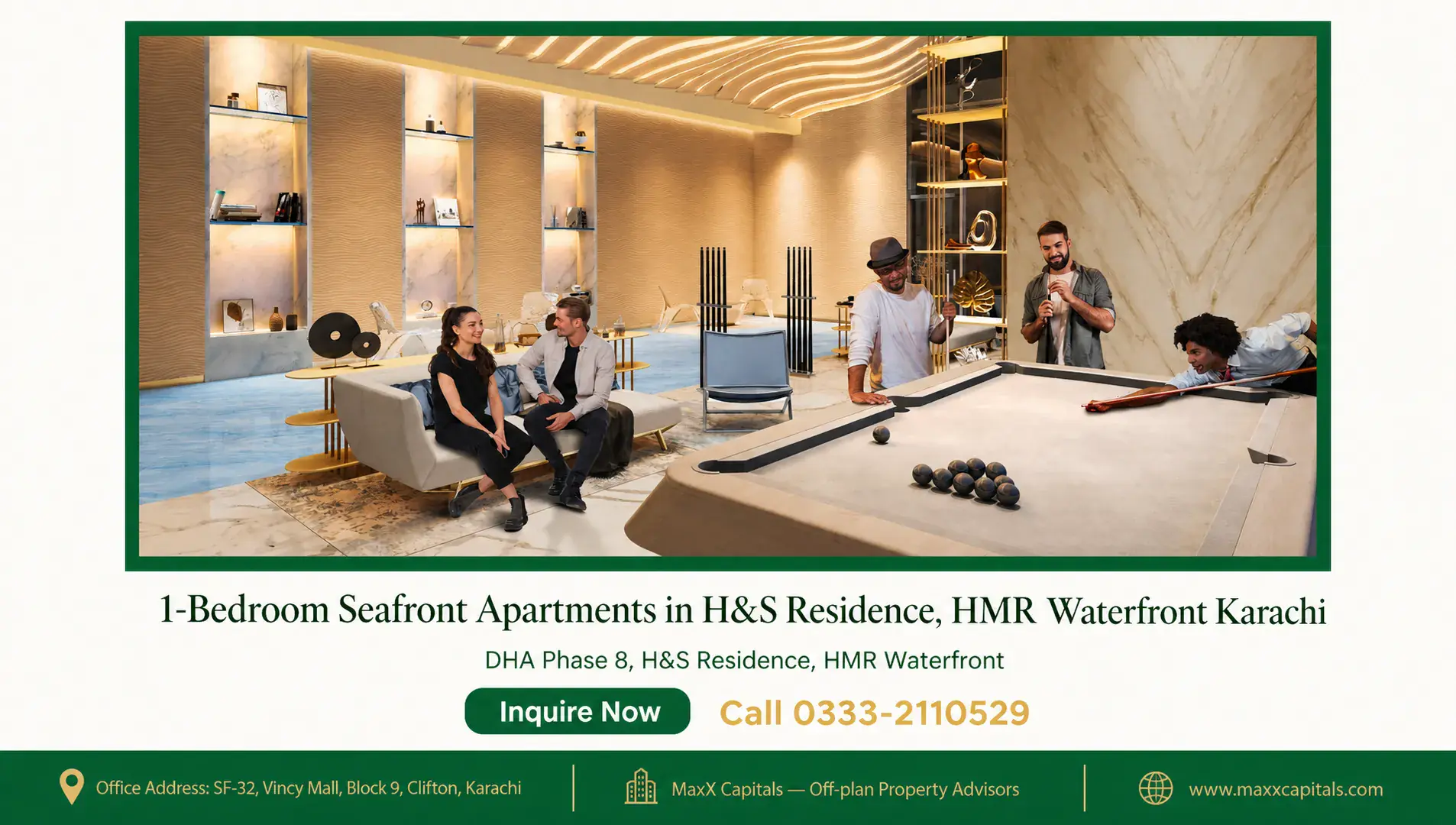 1-Bedroom Seafront Apartments in H&S Residence, HMR Waterfront Karachi — Gallery 2 Luxurious seafront 1-bedroom apartment at H&S Residence with people enjoying leisure activities.