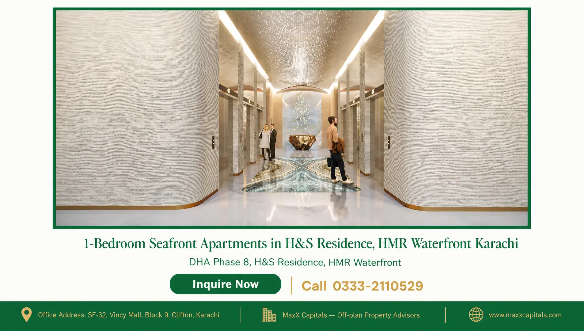 1-Bedroom Seafront Apartments in H&S Residence, HMR Waterfront Karachi — Gallery 3 Luxurious 1 bedroom apartment in H&S Residence with modern design and waterfront view.