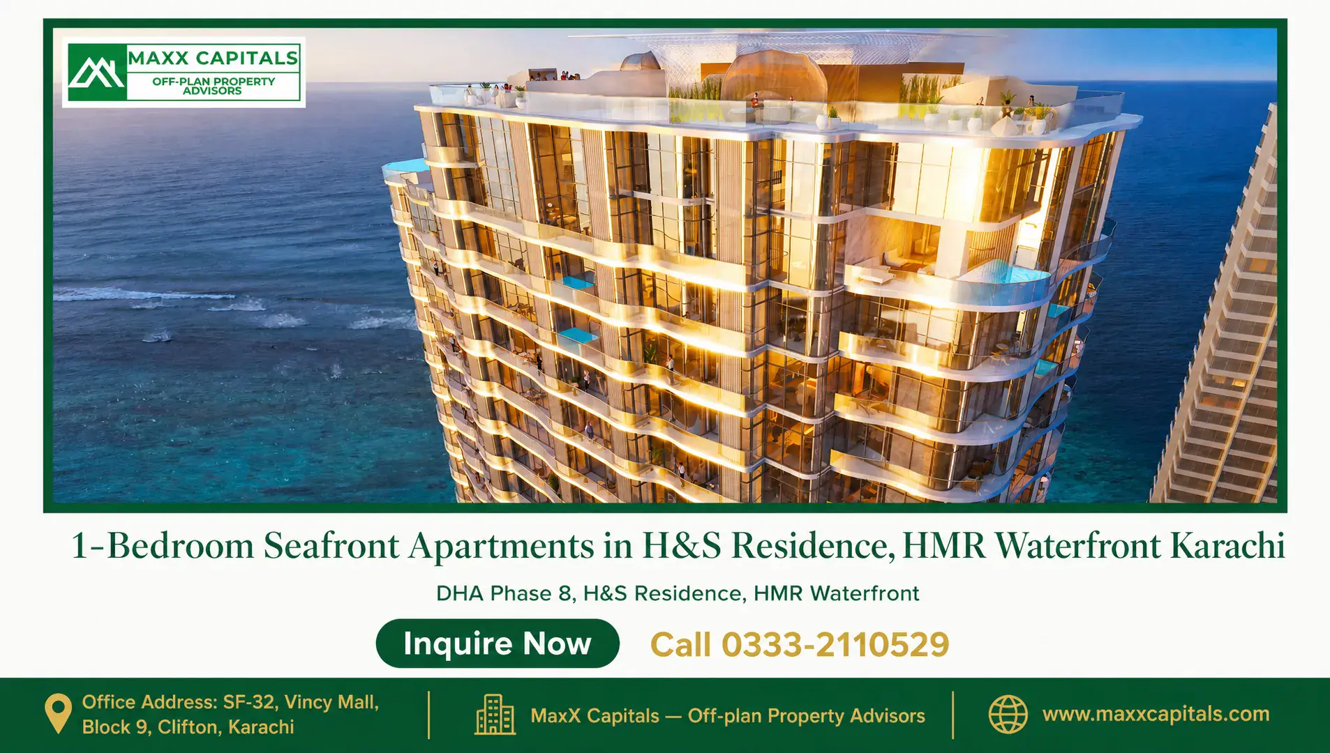 1-Bedroom Seafront Apartments in H&S Residence, HMR Waterfront Karachi — Gallery 4 Modern 1-bedroom seafront apartment with balconies and ocean view.