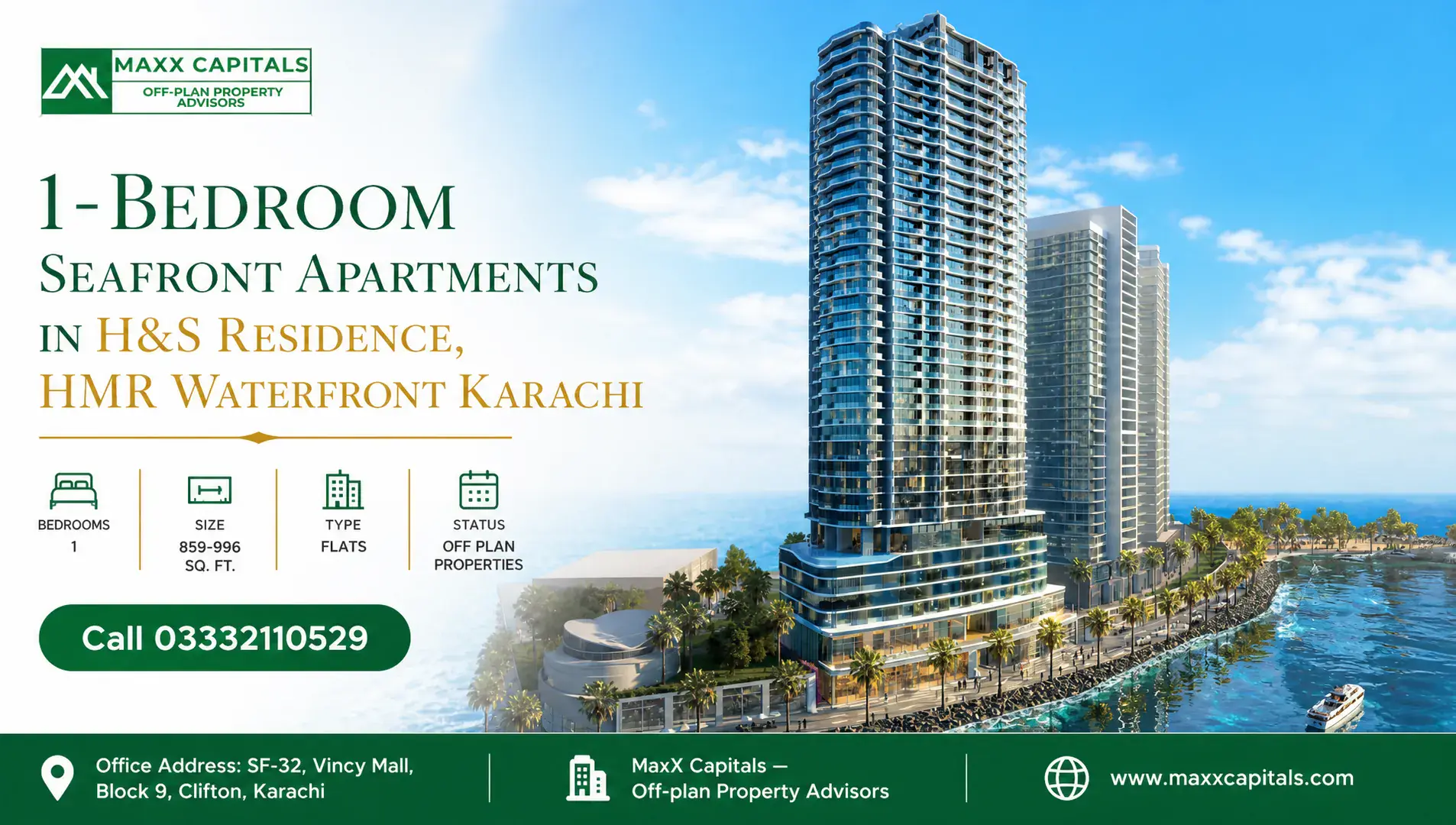 1-Bedroom Seafront Apartments in H&S Residence, HMR Waterfront Karachi — Feature Seafront apartments with modern architecture and ocean views.
