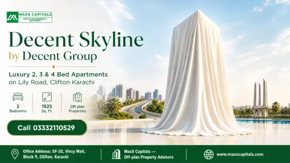 A Large White Tarp With &Quot;Decent Skyline By Decent Group&Quot; Text Covering A Construction Site In Clifton Karachi.