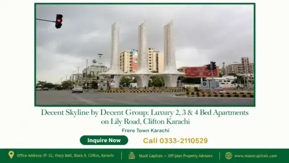 Decent Skyline luxury apartments on Lily Road, Clifton Karachi with modern architecture and urban view.