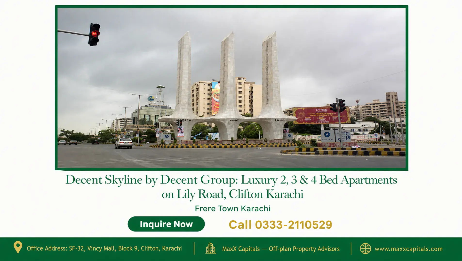 Decent Skyline by Decent Group: Luxury 2, 3 & 4 Bed Apartments on Lily Road, Clifton Karachi — Gallery 1 Decent Skyline luxury apartments on Lily Road, Clifton Karachi with modern architecture and urban view.