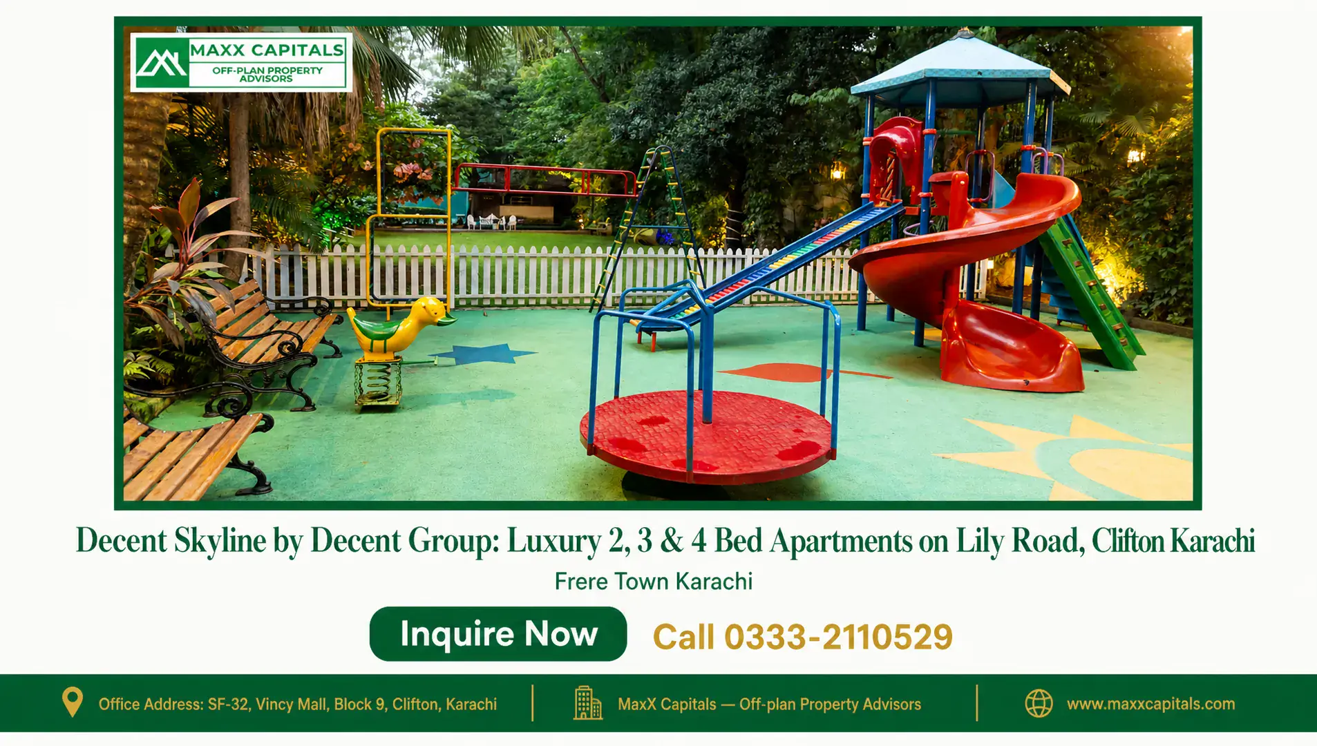 Decent Skyline by Decent Group: Luxury 2, 3 & 4 Bed Apartments on Lily Road, Clifton Karachi — Gallery 2 Playground with slides and a rotunda in the Decent Skyline complex in Clifton, Karachi.