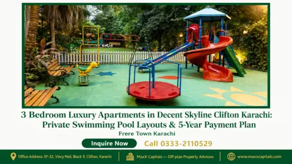 Luxury apartment complex with playground and private swimming pool.