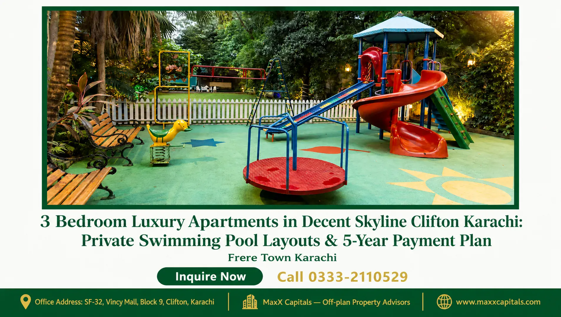 3 Bedroom Luxury Apartments in Decent Skyline Clifton Karachi: Private Swimming Pool Layouts & 5-Year Payment Plan — Gallery 1 Luxury apartment complex with playground and private swimming pool.