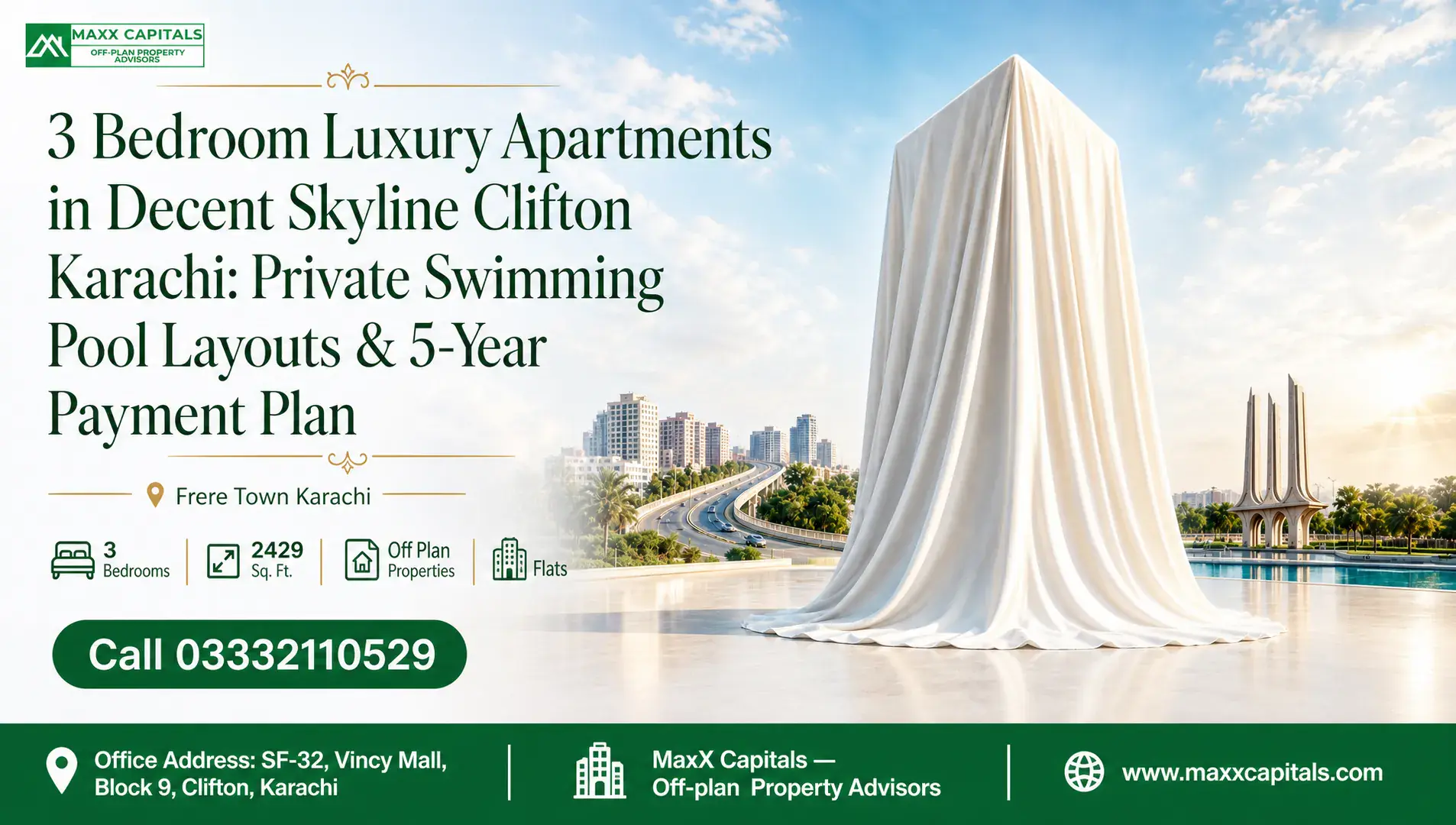 3 Bedroom Luxury Apartments in Decent Skyline Clifton Karachi: Private Swimming Pool Layouts & 5-Year Payment Plan — Feature Luxury 3 bedroom apartment in Decent Skyline Clifton Karachi with private swimming pool and 5-year payment plan.