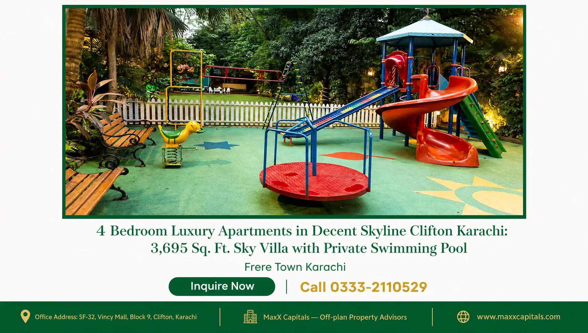 4 Bedroom Luxury Apartments in Decent Skyline Clifton Karachi: 3,695 Sq. Ft. Sky Villa with Private Swimming Pool — Gallery 2 Luxury 4 bedroom apartment in decent skyline with playground and private swimming pool.