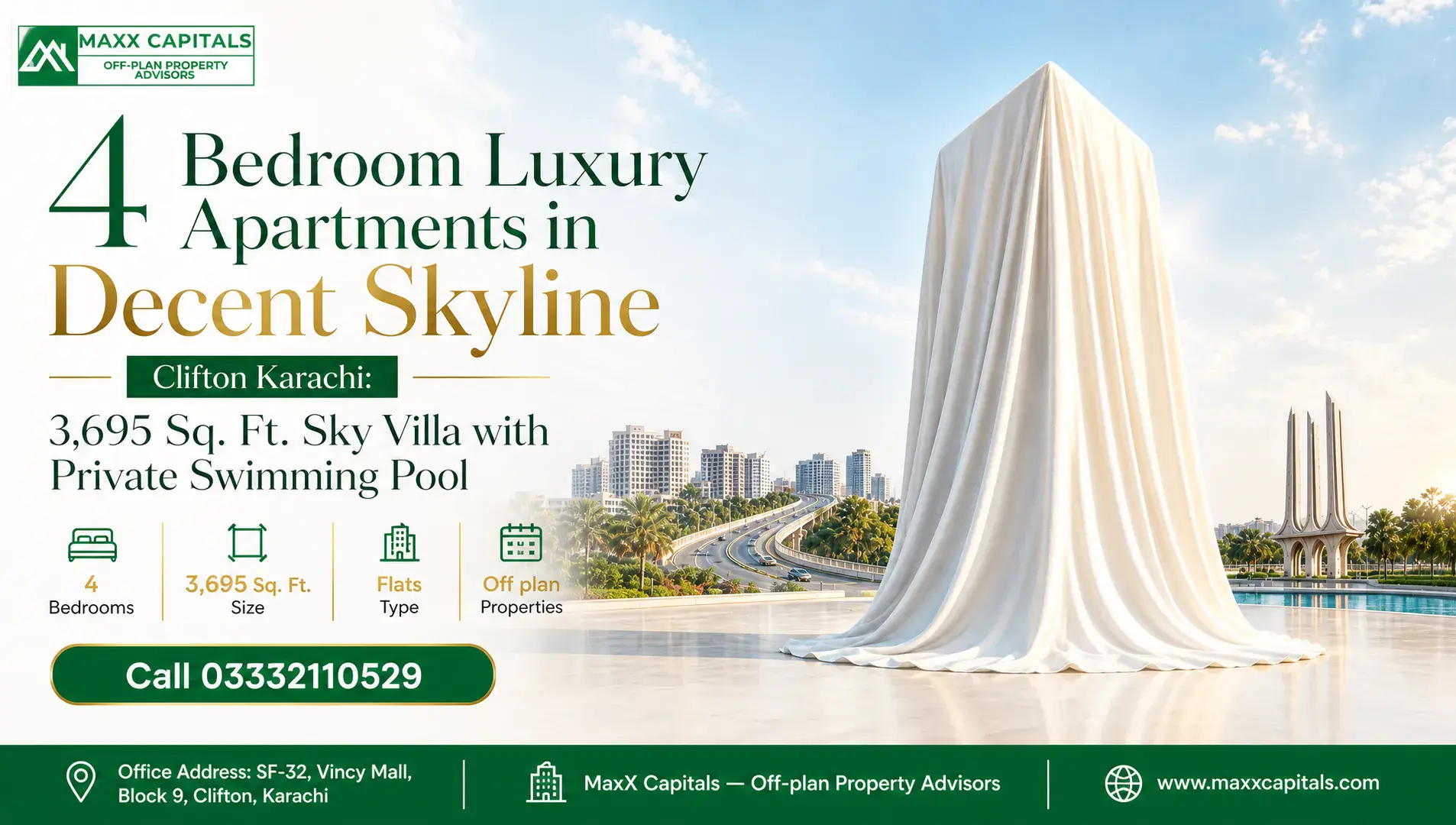 4 Bedroom Luxury Apartments in Decent Skyline Clifton Karachi: 3,695 Sq. Ft. Sky Villa with Private Swimming Pool — Feature Luxury 4 bedroom apartment in decent skyline with private pool and modern architecture.