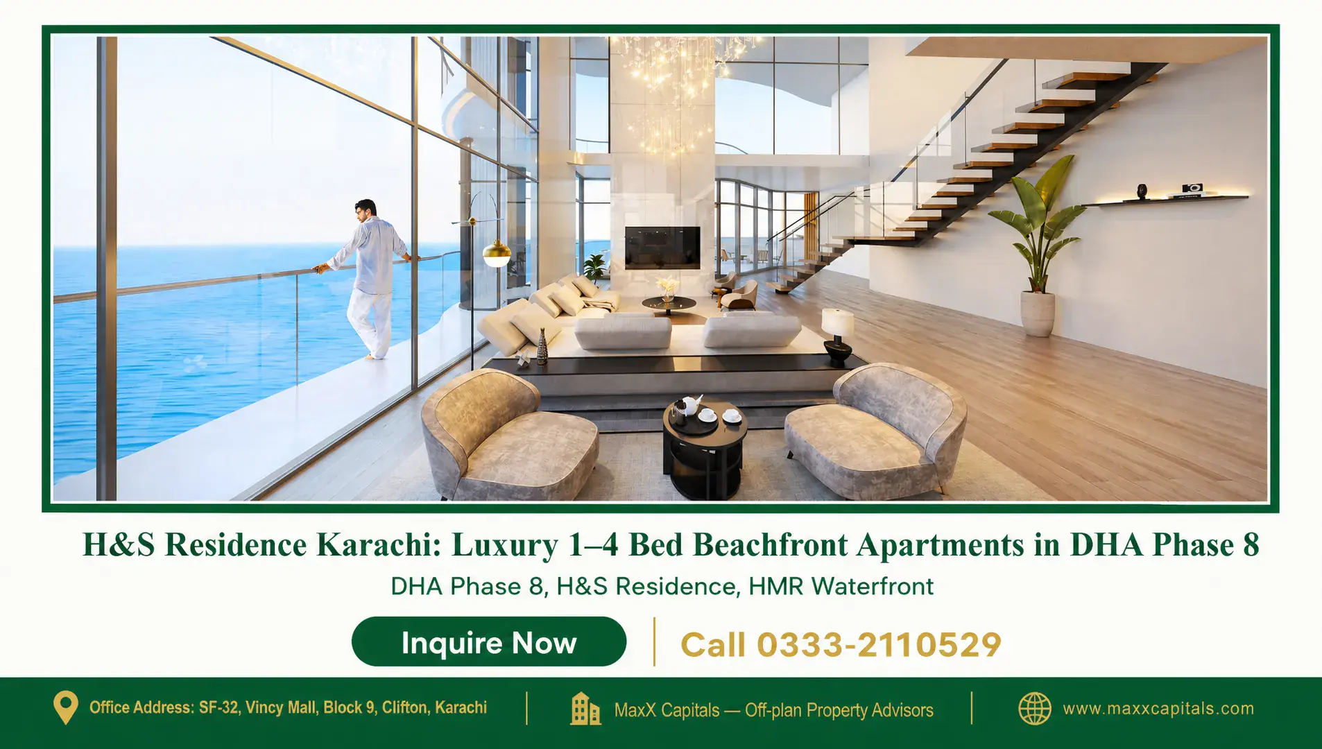 H&S Residence Karachi: Luxury 1–4 Bed Beachfront Apartments in DHA Phase 8 — Gallery 1 Luxury beachfront apartment with modern interior, balcony, and ocean view.