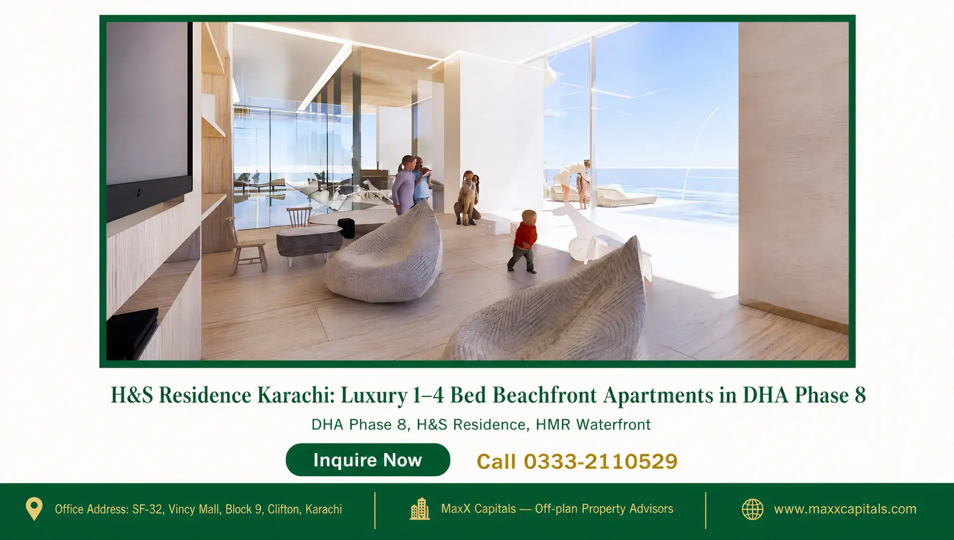 H&S Residence Karachi: Luxury 1–4 Bed Beachfront Apartments in DHA Phase 8 — Gallery 2 Modern living room with large glass windows and ocean view in H&S Residence, Karachi.