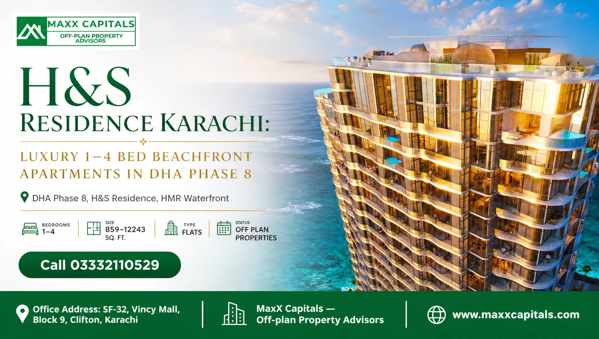 H&S Residence Karachi: Luxury 1–4 Bed Beachfront Apartments in DHA Phase 8 — Feature Modern luxury H&S Residence Karachi building with ocean view and illuminated balconies.