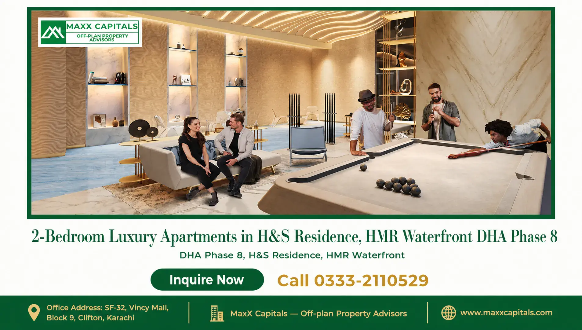 2-Bedroom Luxury Apartments in H&S Residence, HMR Waterfront DHA Phase 8 — Gallery 1 Luxury 2-bedroom apartment interior with billiards, modern decor, and premium materials.
