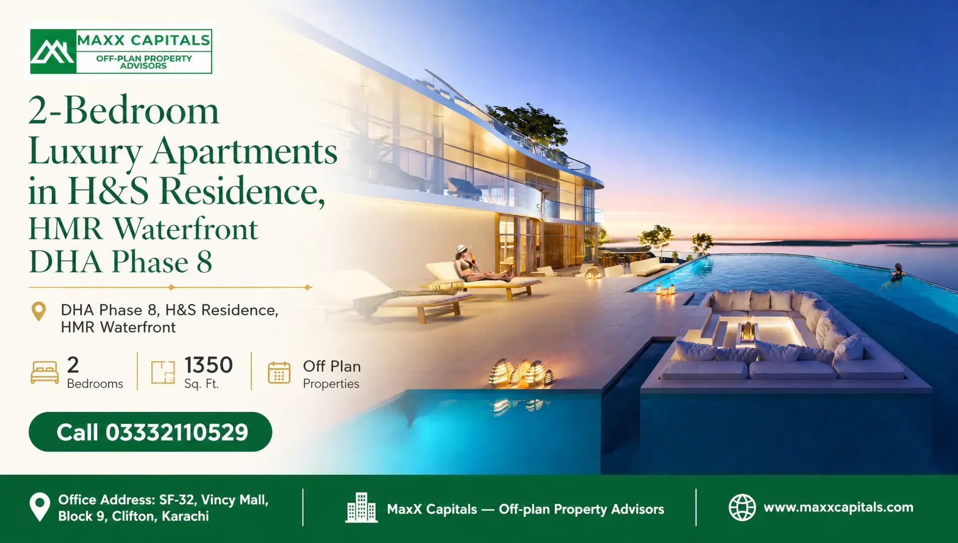 2-Bedroom Luxury Apartments in H&S Residence, HMR Waterfront DHA Phase 8 — Feature Luxury 2 bedroom apartment at H&S Residence, DHA Phase 8 with waterfront view.