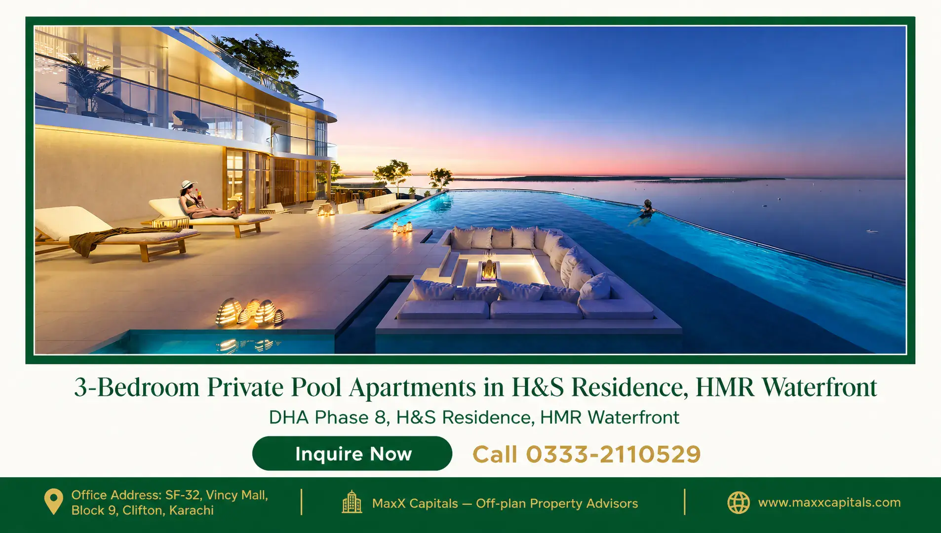 3-Bedroom Private Pool Apartments in H&S Residence, HMR Waterfront — Gallery 2 3-bedroom apartment in H&S Residence with private pool and ocean view.