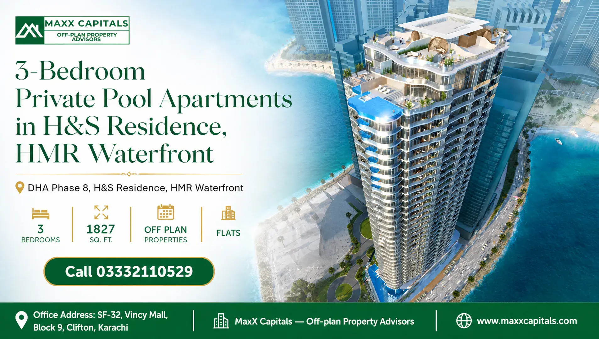 3-Bedroom Private Pool Apartments in H&S Residence, HMR Waterfront — Feature 3-bedroom apartment in H&S Residence with private pool and waterfront view.