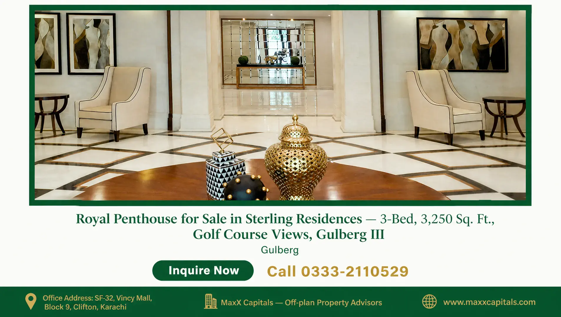 Royal Penthouse for Sale in Sterling Residences — 3-Bed, 3,250 Sq. Ft., Golf Course Views, Gulberg III — Gallery 1 Royal Penthouse for Sale in Sterling Residences — 3-Bed, 3,250 Sq. Ft., Golf Course Views, Gulberg III