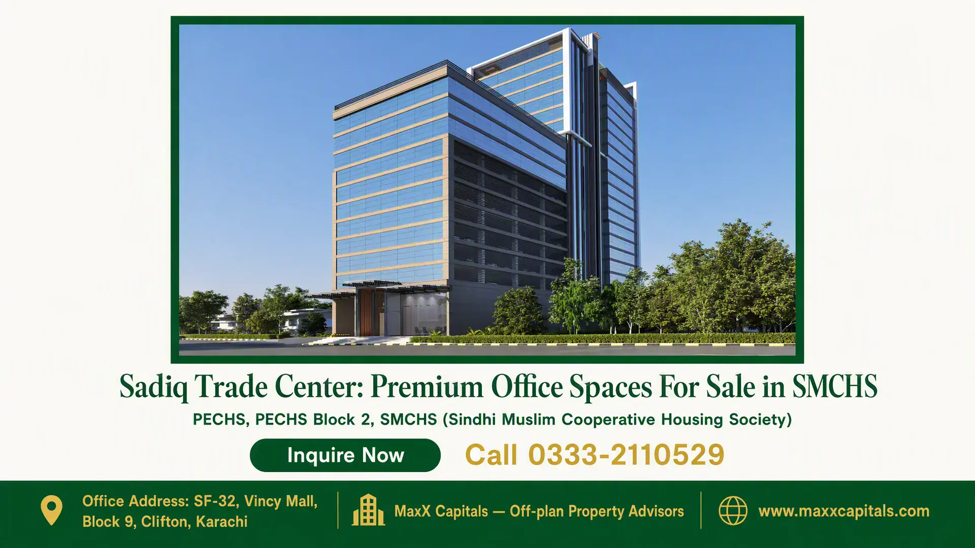 41042 Offices for Sale in Shahrah-e-Faisal — Sadiq Trade Center SMCHS (2) Modern glass-fronted Sadiq Trade Center building surrounded by greenery in SMCHS under a clear blue sky.