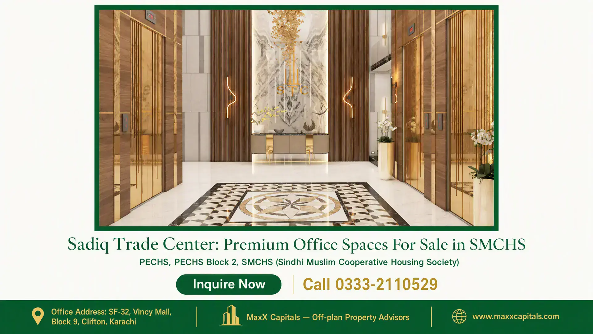 41042 Offices for Sale in Shahrah-e-Faisal — Sadiq Trade Center SMCHS (6) Luxurious office lobby with marble flooring, gold elevators, modern lighting, and a grand centerpiece in Sadiq Trade Center.