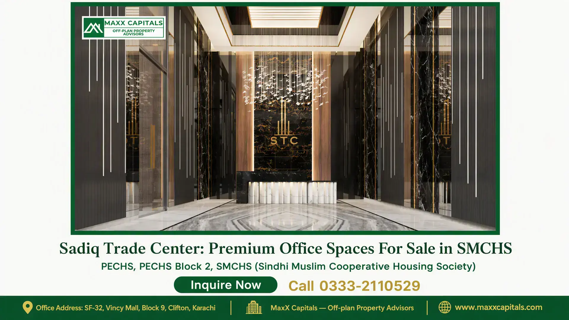 41042 Offices for Sale in Shahrah-e-Faisal — Sadiq Trade Center SMCHS (8) Luxurious lobby of Sadiq Trade Center with marble accents, gold detailing, and modern lighting in SMCHS.