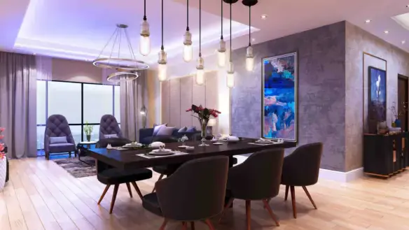 Modern dining area with elegant furniture, sophisticated lighting, and contemporary decor.