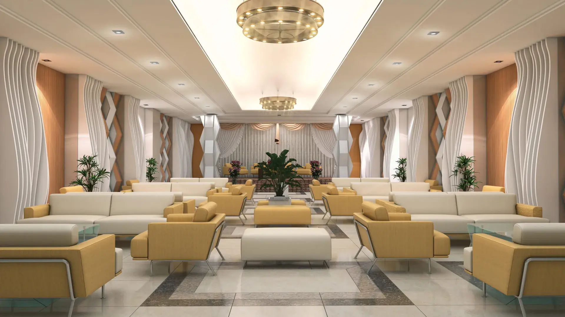 3 Bed Flats for Sale in Callachi Society — Victoria Residency Type-B Safire — Community Hall Luxurious lobby with yellow couches, glass tables, and a grand chandelier.