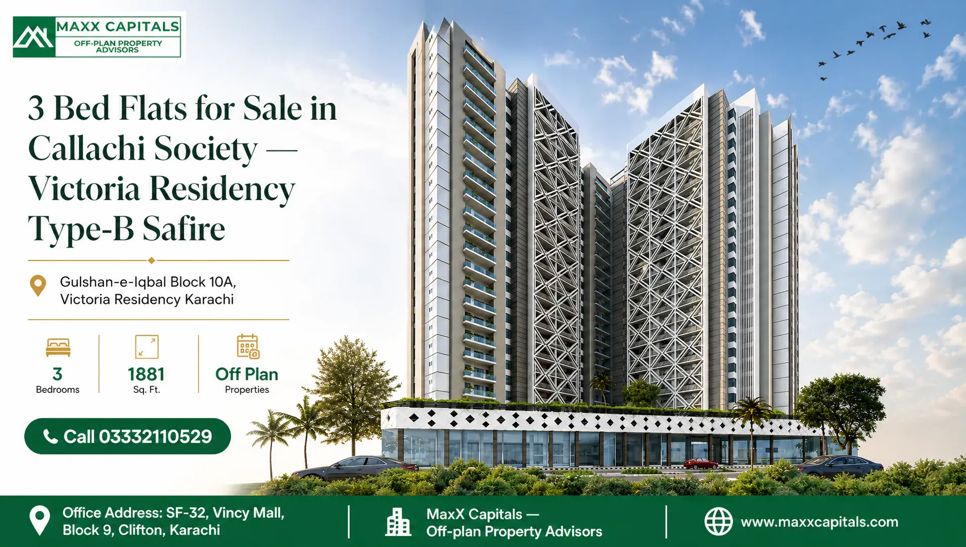 3 Bed Flats for Sale in Callachi Society — Victoria Residency Type-B Safire — Feature Modern high-rise building with balconies and lush greenery, representing luxury 3 bed flats for sale in Callachi Society, Kar
