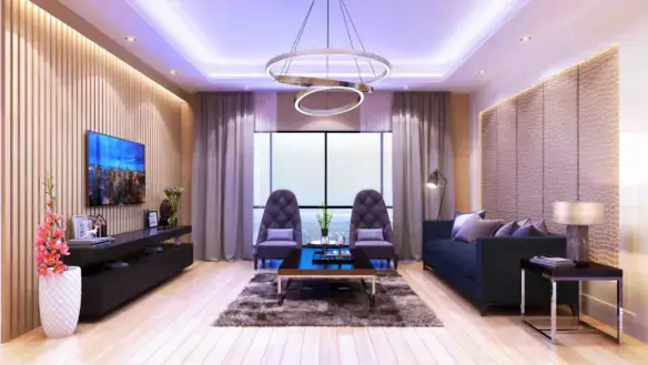 Modern living room with glass window, chandelier, and furniture in a 3 bed drawing lounge flat.