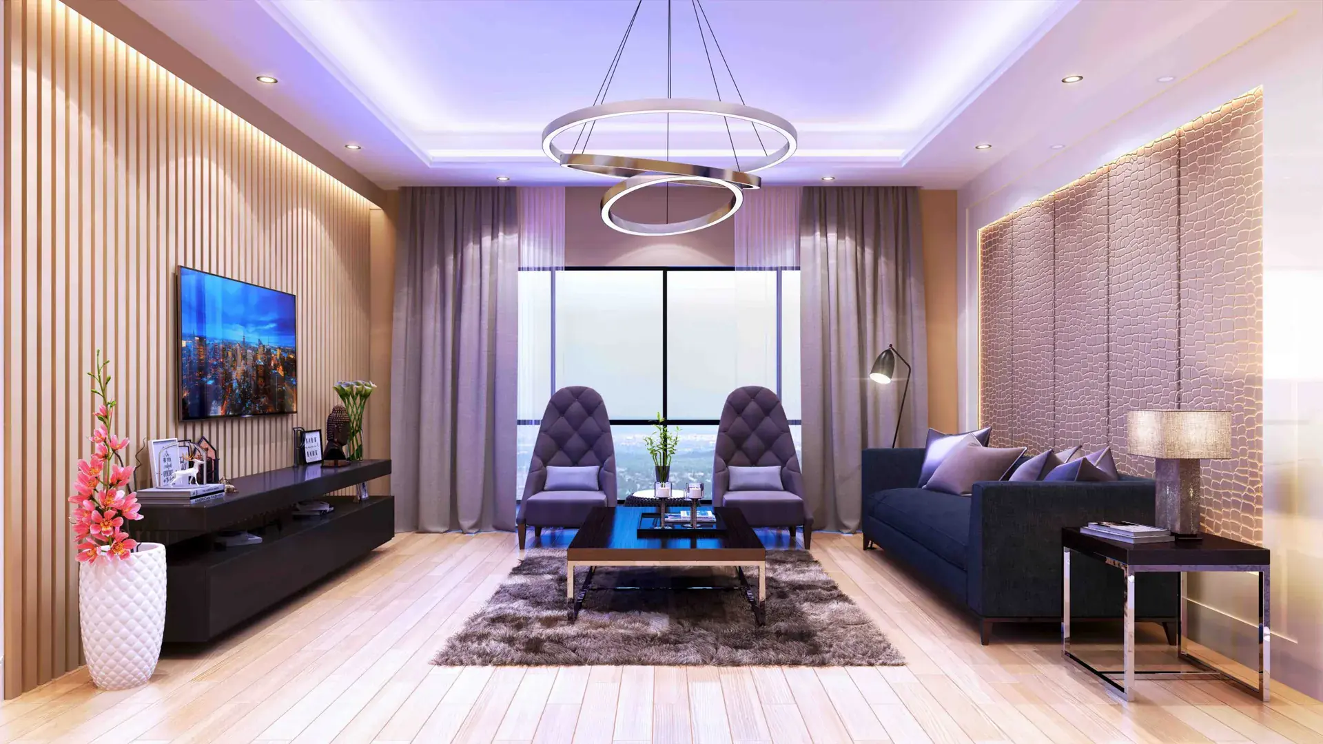 3 Bed Drawing Lounge Flats for Sale in Karachi — Victoria Residency Type-A Ruby — Lounge Modern living room with glass window, chandelier, and furniture in a 3 bed drawing lounge flat.