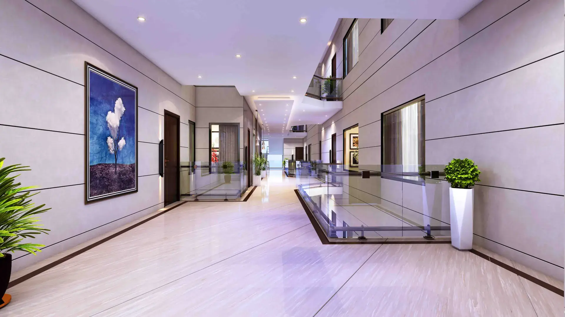 3 Bed Drawing Lounge Flats for Sale in Karachi — Victoria Residency Type-A Ruby — Corridor Luxury hallway with glass railing and modern decor in a 3 bed drawing lounge flat for sale in Karachi.